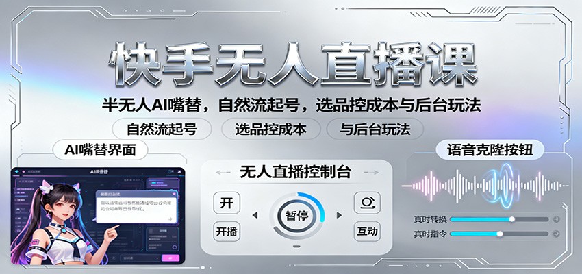 快手无人直播课：半无人AI嘴替，自然流起号，选品控成本与后台玩法-百盛轻创