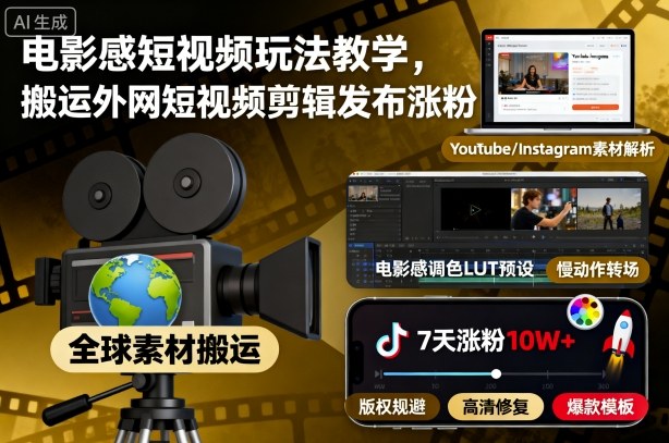 电影感短视频玩法教学，搬运外网短视频剪辑发布涨粉-百盛轻创