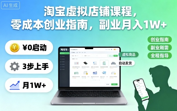 淘宝虚拟店铺课程，零成本创业指南，副业月入1W+-百盛轻创