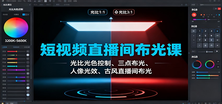 短视频直播间布光课：光比光色控制、三点布光、人像光效、古风直播间布光-百盛轻创
