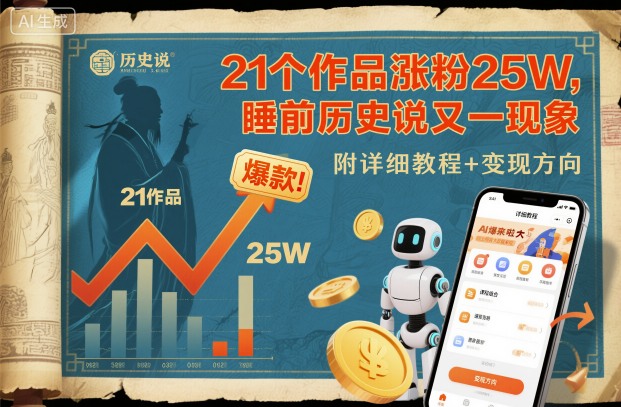 21个作品涨粉25W，睡前历史说又一现象级AI内容大爆款来啦，附详细教程+变现方向-小艾项目网