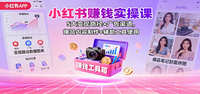 小红书赚钱实操课：5大变现路径+广告渠道，爆品内容制作+辅助工具使用-百盛轻创