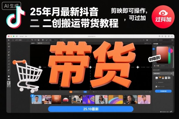 25年10月最新抖音二创搬运带货教程，剪映即可操作，可过抖加-小艾项目网