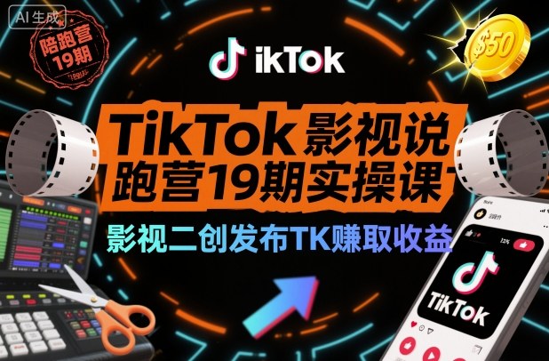 TikTok影视解说陪跑营19期实操课，影视二创发布TK賺取收益，万播收益50美金-小艾项目网