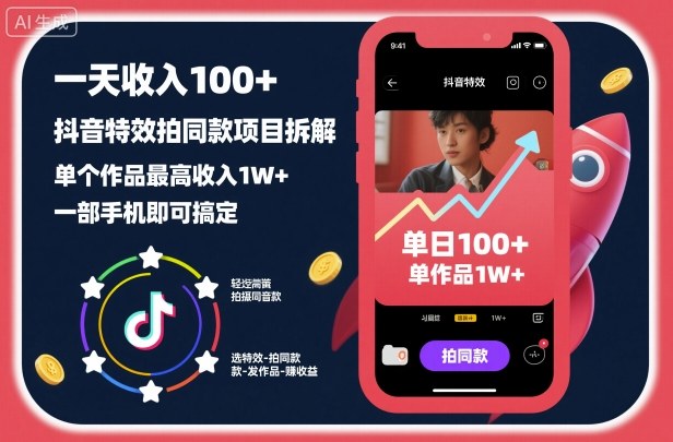 一天收入100+，抖音特效拍同款项目拆解，单个作品最高收入1W+，一部手机即可搞定-小艾项目网