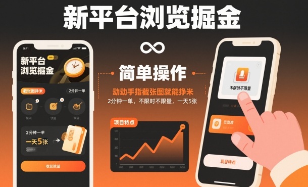 新平台浏览掘金，动动手指截张图就能挣米，2分钟一单，不限时不限量，一天5张【揭秘】-百盛轻创