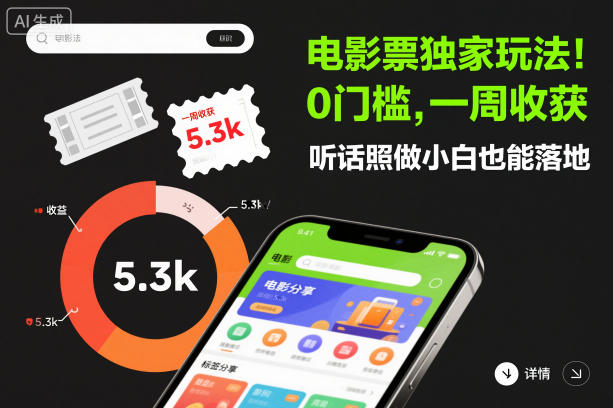 电影票独家玩法！0门槛，一周收获5.3k，听话照做小白也能落地【揭秘】-小艾项目网