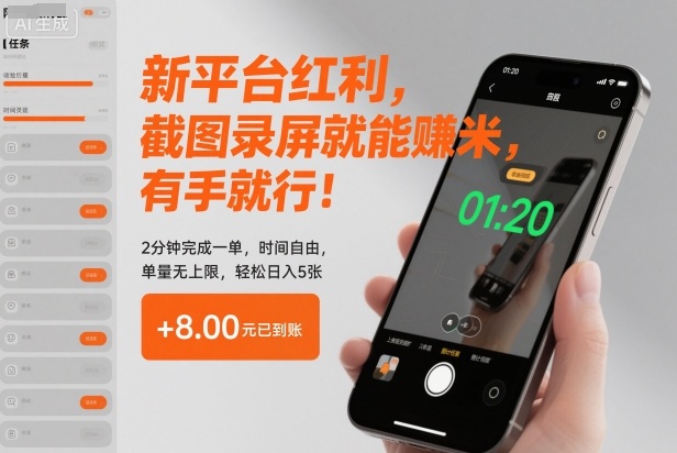 新平台红利，截图录屏就能賺米，有手就行！2分钟完成一单，时间自由，单量无上限，轻松日入5张【揭秘】-百盛轻创