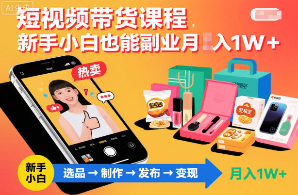 短视频带货课程，新手小白也能副业月入1W＋，轻松搞定-小艾项目网