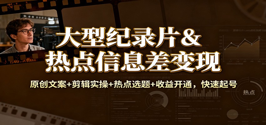大型纪录片&热点信息差变现：原创文案+剪辑实操+热点选题+收益开通，快速起号-小艾项目网
