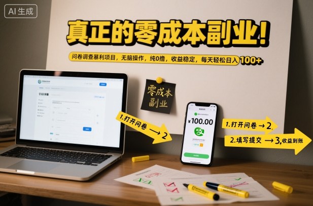 真正的零成本副业！问卷调查暴利项目，无脑操作，纯0撸，收益稳定，每天轻松日入100+【揭秘】-百盛轻创