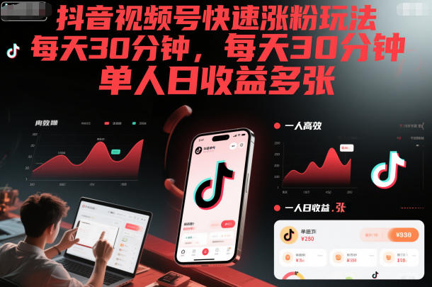 抖音视频号快速涨粉玩法，每天30分钟，单人日收益多张-小艾项目网