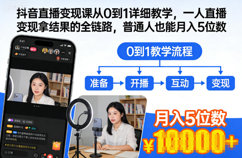 抖音直播变现课从0到1详细教学，一人直播变现拿结果的全链路，普通人也能月入5位数-百盛轻创
