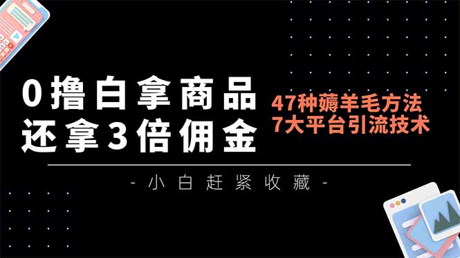 0撸白拿商品，还拿3倍佣金，47种薅羊毛方法，7大平台全方位引流技术教学，精专月入过万-小艾项目网