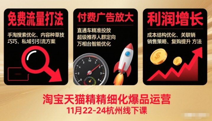 淘宝天猫精细化爆品运营11月22-24杭州线下课，免费流量打法+付费广告放大+利润增长(音频+文档)-百盛轻创