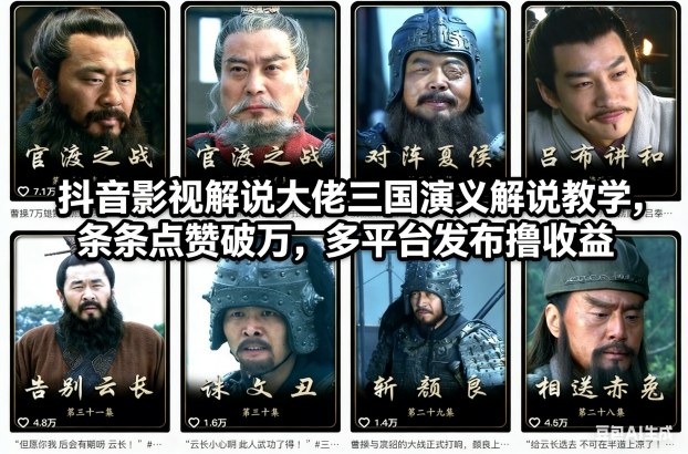 抖音影视解说大佬三国演义解说教学，条条点赞破万，多平台发布撸收益-小艾项目网