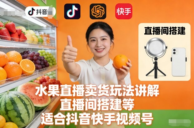 水果直播卖货玩法讲解、直播间搭建等，适合抖音快手视频号-小艾项目网