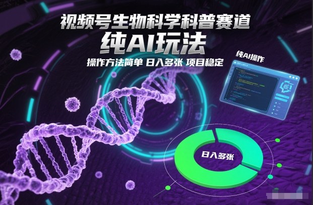 视频号生物科学科普赛道，纯AI玩法，操作方法简单，日入多张，项目稳定-百盛轻创
