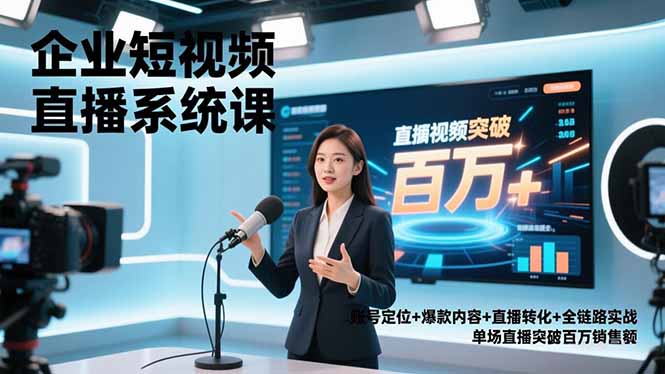 企业短视频直播系统课，账号定位+爆款内容+直播转化+全链路实战，单场直播突破百万销售额-百盛轻创