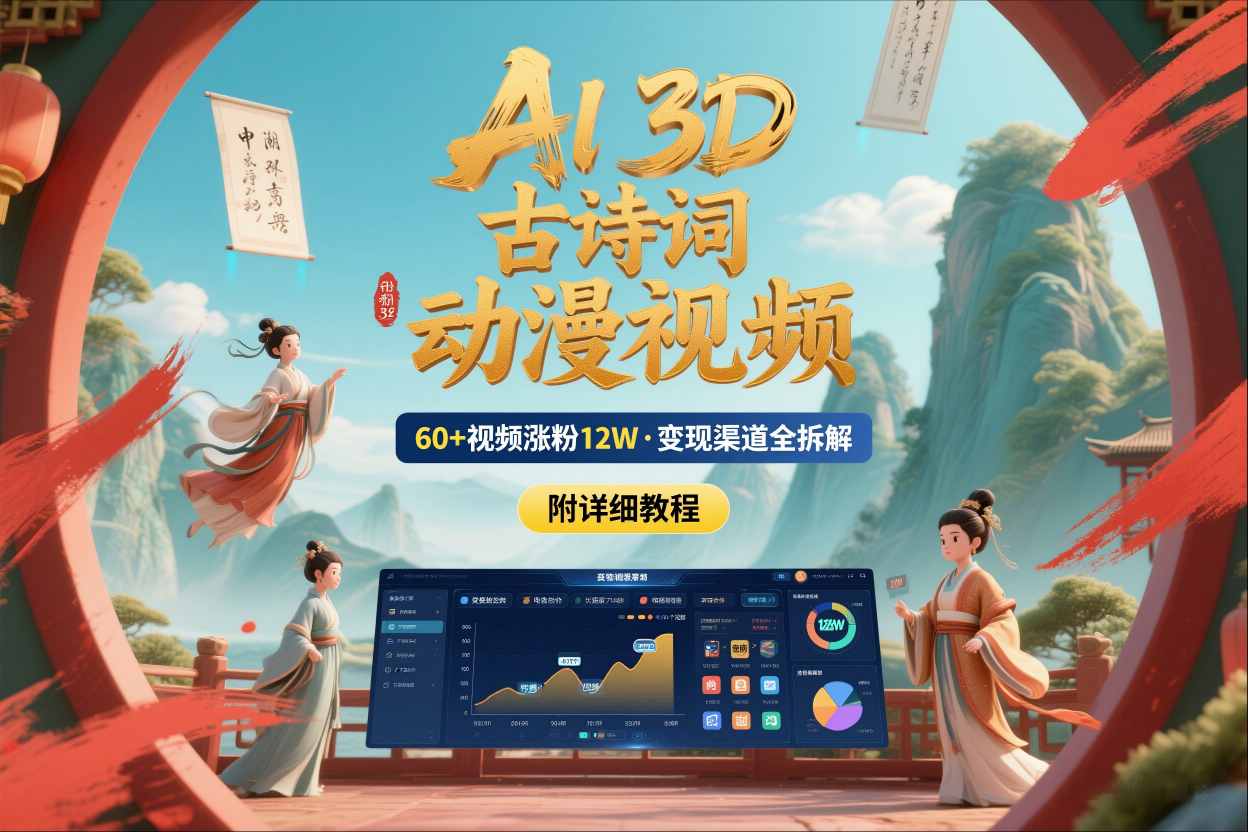 AI制作3D古诗词动漫视频，60多个视频涨粉12W，多个变现渠道拆解【附详细教程】-小艾项目网