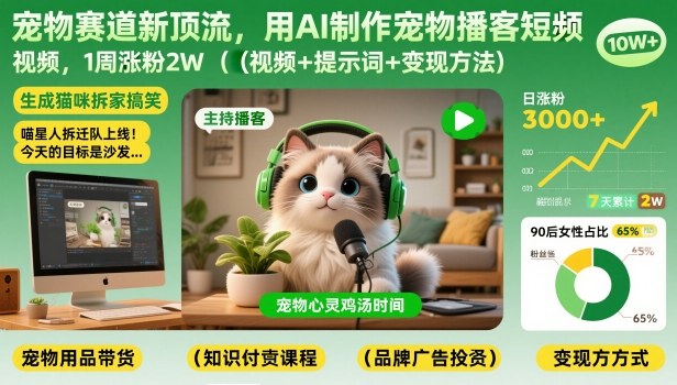 宠物赛道新顶流，用AI制作宠物播客短视频，1周涨粉2W(视频+提示词+变现方法)-百盛轻创