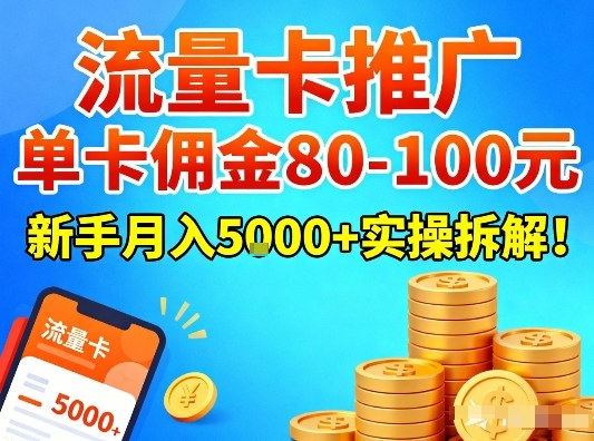 流量卡推广，单卡佣金80-100，新手月入5k+实操拆解！-百盛轻创
