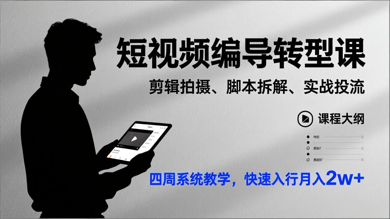 短视频编导转型课，剪辑拍摄、脚本拆解、实战投流，四周系统教学，快速入行月入2w+-百盛轻创