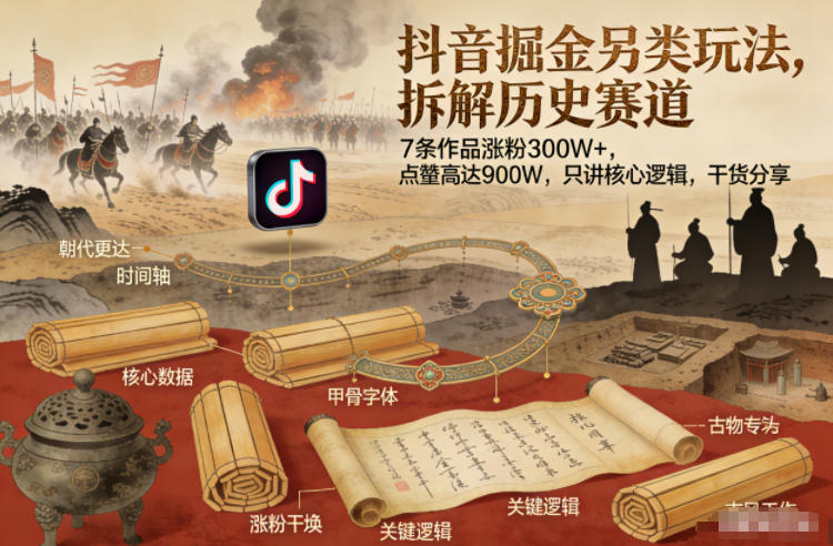 抖音掘金另类玩法，拆解历史赛道，7条作品涨粉300W+，点赞量高达900W，只讲核心逻辑，干货分享-百盛轻创