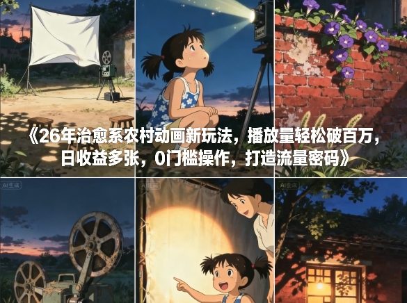 26年治愈系农村动画新玩法，播放量轻松破百万，日收益多张，0门槛操作，打造流量密码-小艾项目网