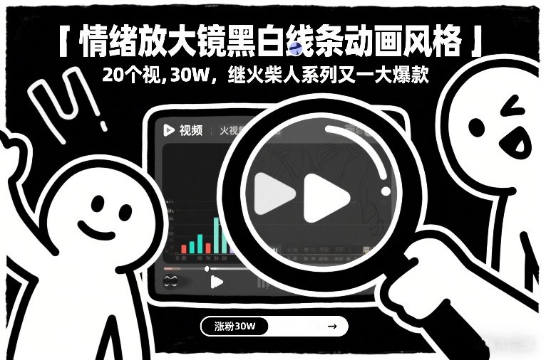 情绪放大镜黑白线条动画风格，20个视频，涨粉30W，继火柴人系列又一大爆款-百盛轻创