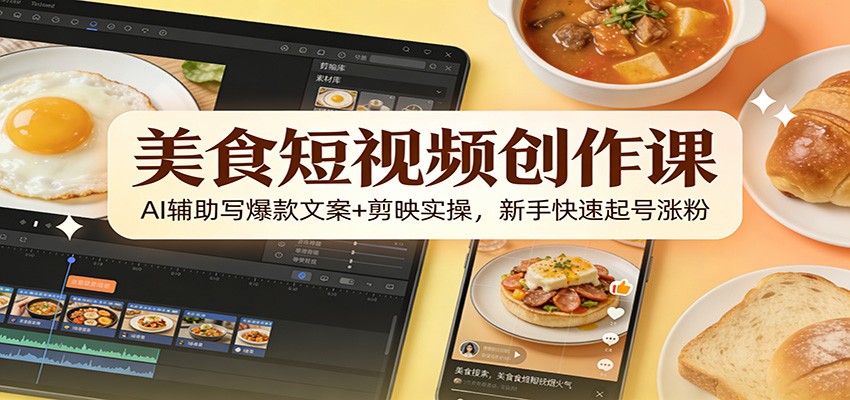 美食短视频创作课：AI辅助写爆款文案+剪映实操，新手快速起号涨粉-百盛轻创