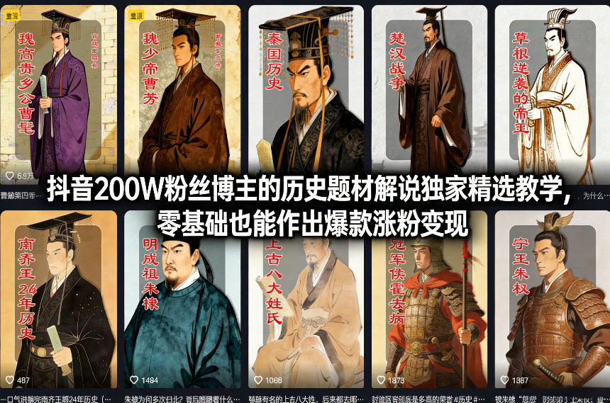 抖音200W粉丝博主的历史题材解说独家精选教学，零基础也能作出爆款涨粉变现-百盛轻创