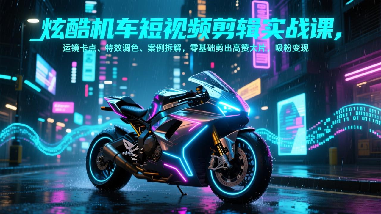 炫酷机车短视频剪辑实战课，运镜卡点、特效调色、案例拆解，零基础剪出高赞大片，吸粉变现-百盛轻创
