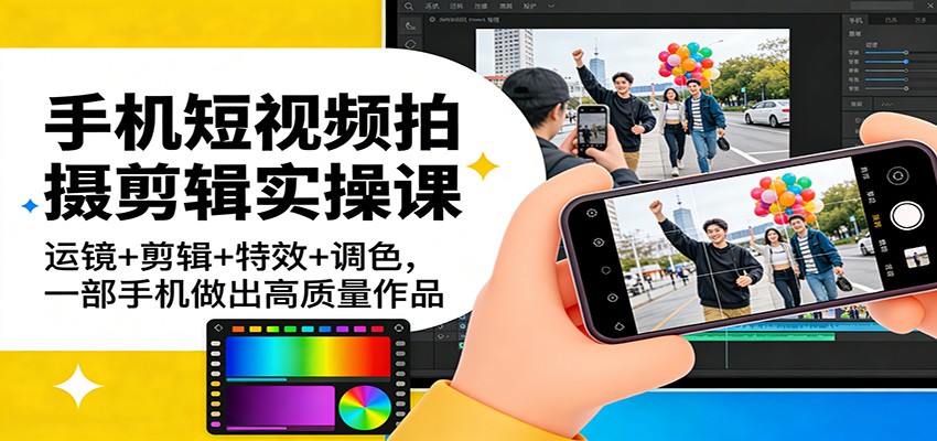 手机短视频拍摄剪辑实操课：运镜+剪辑+特效+调色，一部手机做出高质量作品-小艾项目网