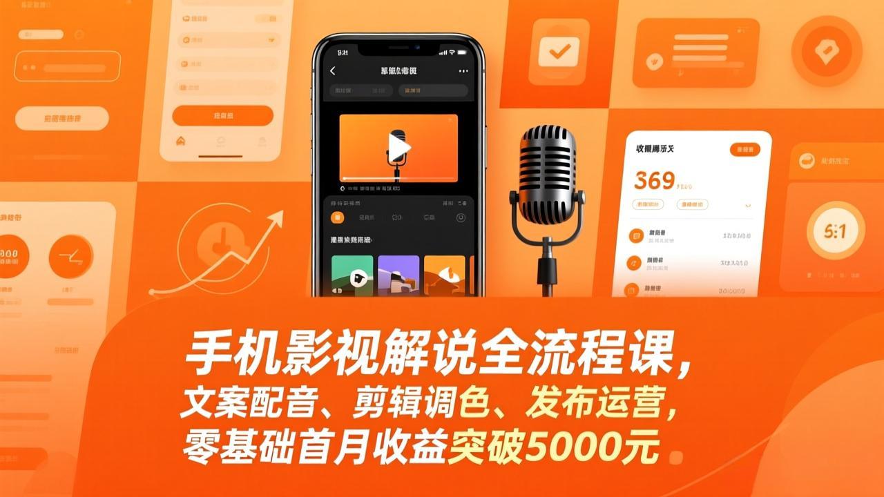 手机影视解说全流程课，文案配音、剪辑调色、发布运营，零基础首月收益突破5000元-百盛轻创