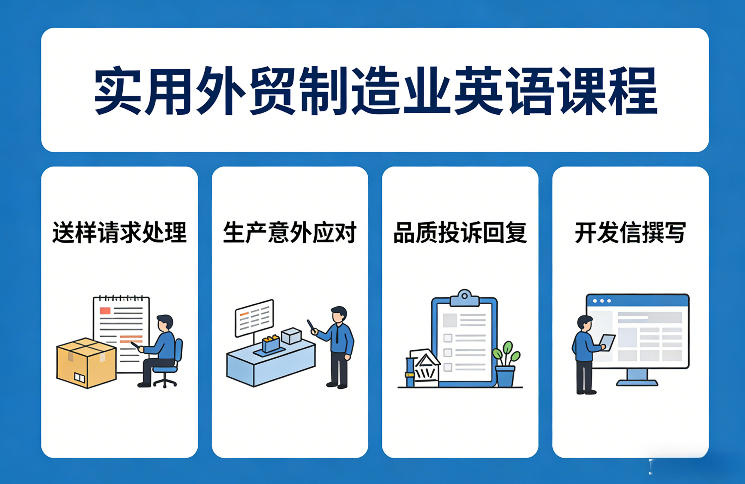 实用外贸制造业英语课程，教你专业处理送样请求、应对生产意外、回复品质投诉、撰写开发信等-百盛轻创