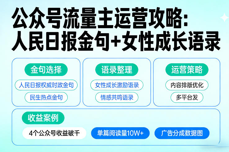 利用人民日报金句+女性成长语录做公众号流量主，4个公众号收益破千-百盛轻创