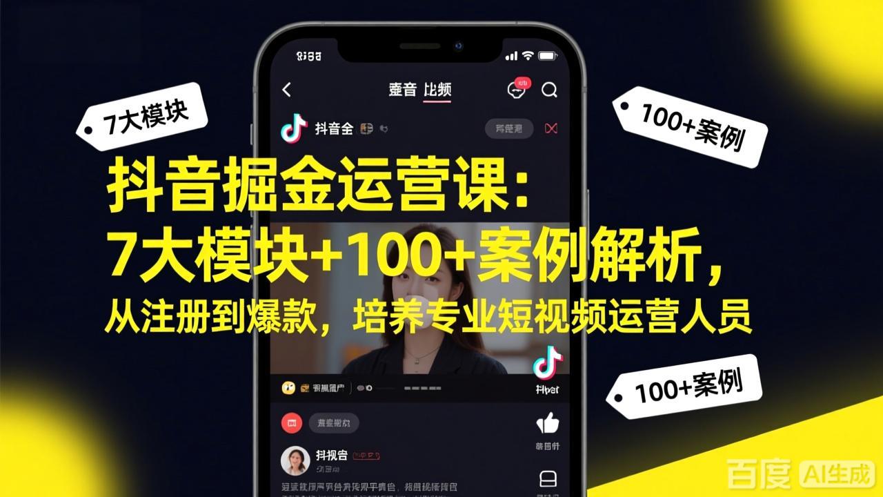 抖音掘金运营课：7大模块+100+案例解析，从注册到爆款，培养专业短视频运营人员-百盛轻创