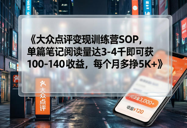 大众点评变现训练营SOP，单篇笔记阅读量达3-4千即可获100-140收益，每个月多挣5K+-百盛轻创