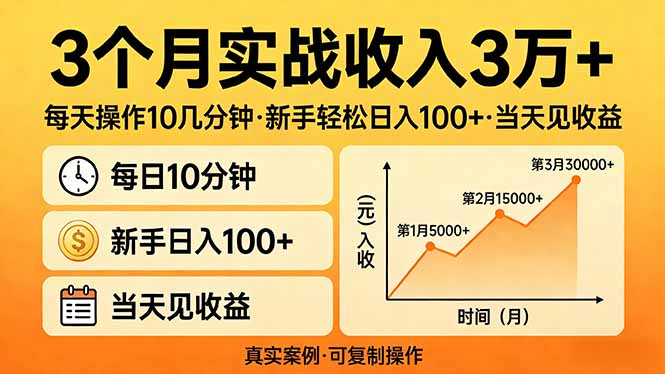 3个月实战收入3万+，每天操作10几分钟，新手轻松日入100+，当天见收益-百盛轻创