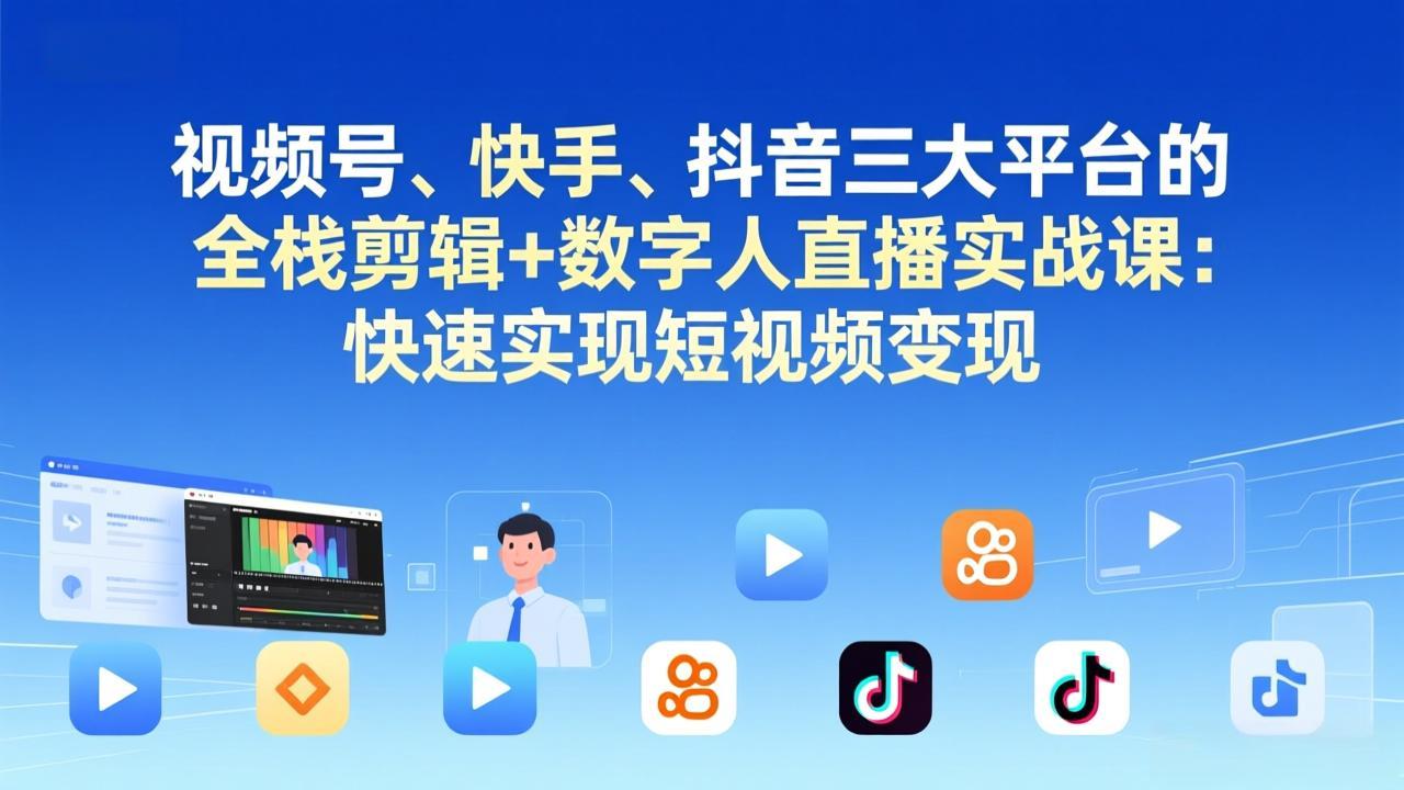 视频号+快手+抖音三大平台的全栈剪辑+数字人直播实战课-3月更新：快速实现短视频变现-小艾项目网