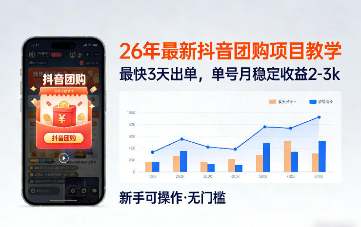 26年最新抖音团购项目教学，0门槛，最快3天出单，单号月稳定收益2-3k(更新3月19日)-小艾项目网