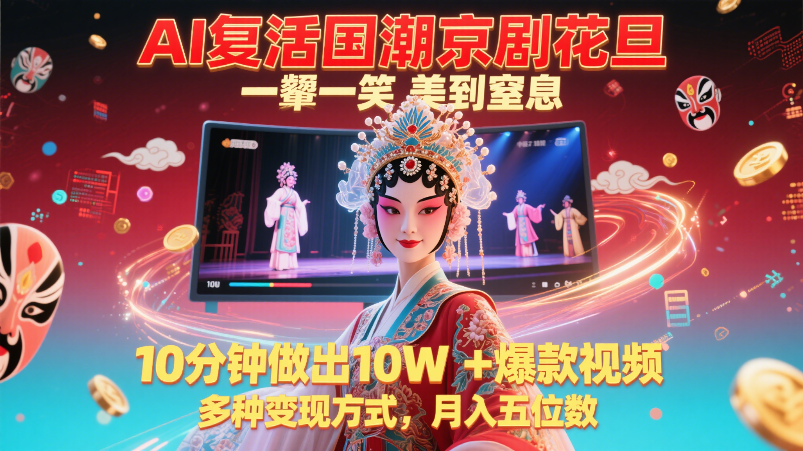 AI复活国潮京剧花旦，一颦一笑美到窒息，10分钟做出10W+爆款视频，多种变现方式-百盛轻创