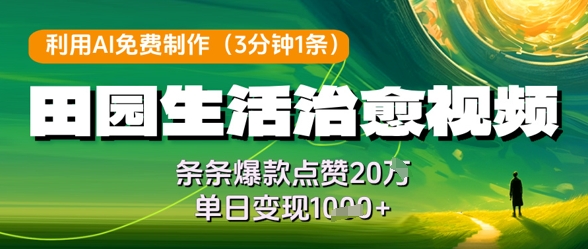 利用AI免费制作田园生活治愈视频，条条爆款点赞20W，单日变现几张-小艾项目网