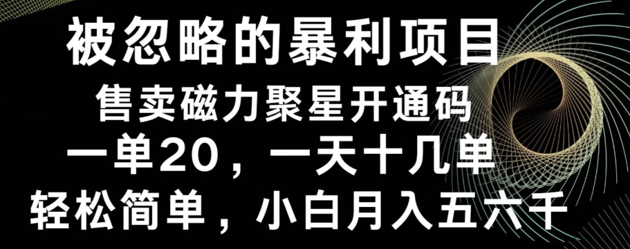 被忽略的暴利项目！售卖磁力聚星开通码，一单20，一天十几单，轻松月入五六千-百盛轻创