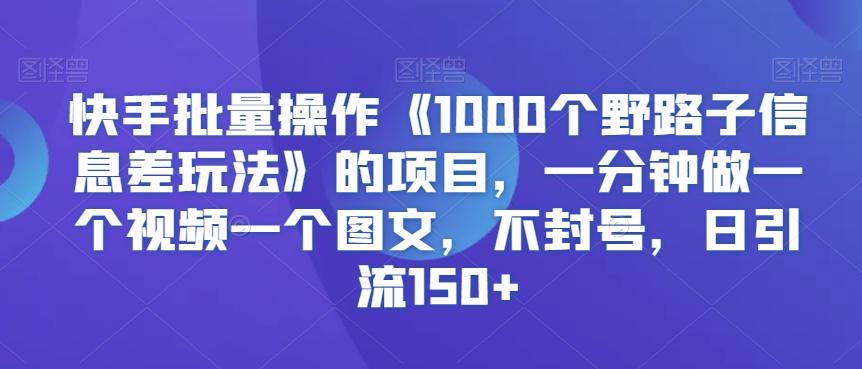 快手批量操作《1000个野路子信息差玩法》的项目，一分钟做一个视频一个图文，不封号，日引流150+【揭秘】-百盛轻创