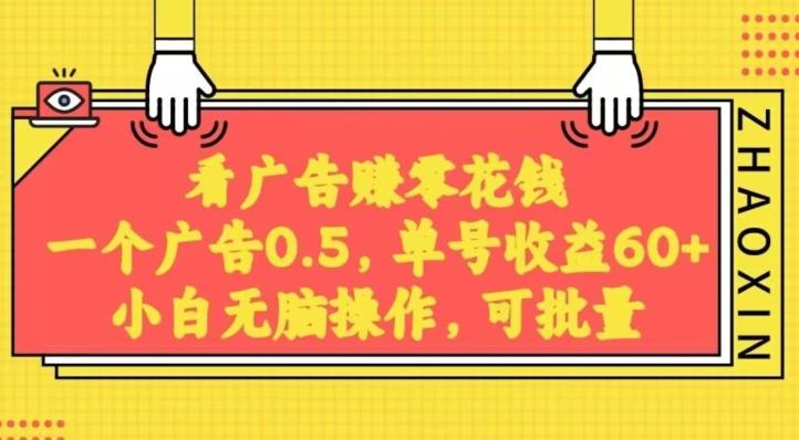 无脑看广告获取收益，一条广告0.5，日稳定60-100+，可批量放大，超级稳定-小艾项目网