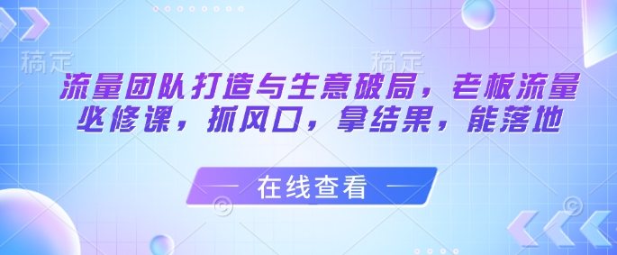 流量团队打造与生意破局，老板流量必修课，抓风口，拿结果，能落地-百盛轻创