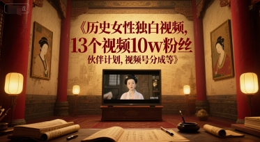 历史女性独白视频，13个视频10w粉丝，伙伴计划，视频号分成等-百盛轻创