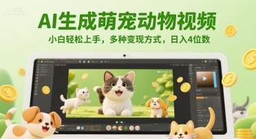 AI生成萌宠动物视频，小白轻松上手，多种变现方式，日入4位数-百盛轻创